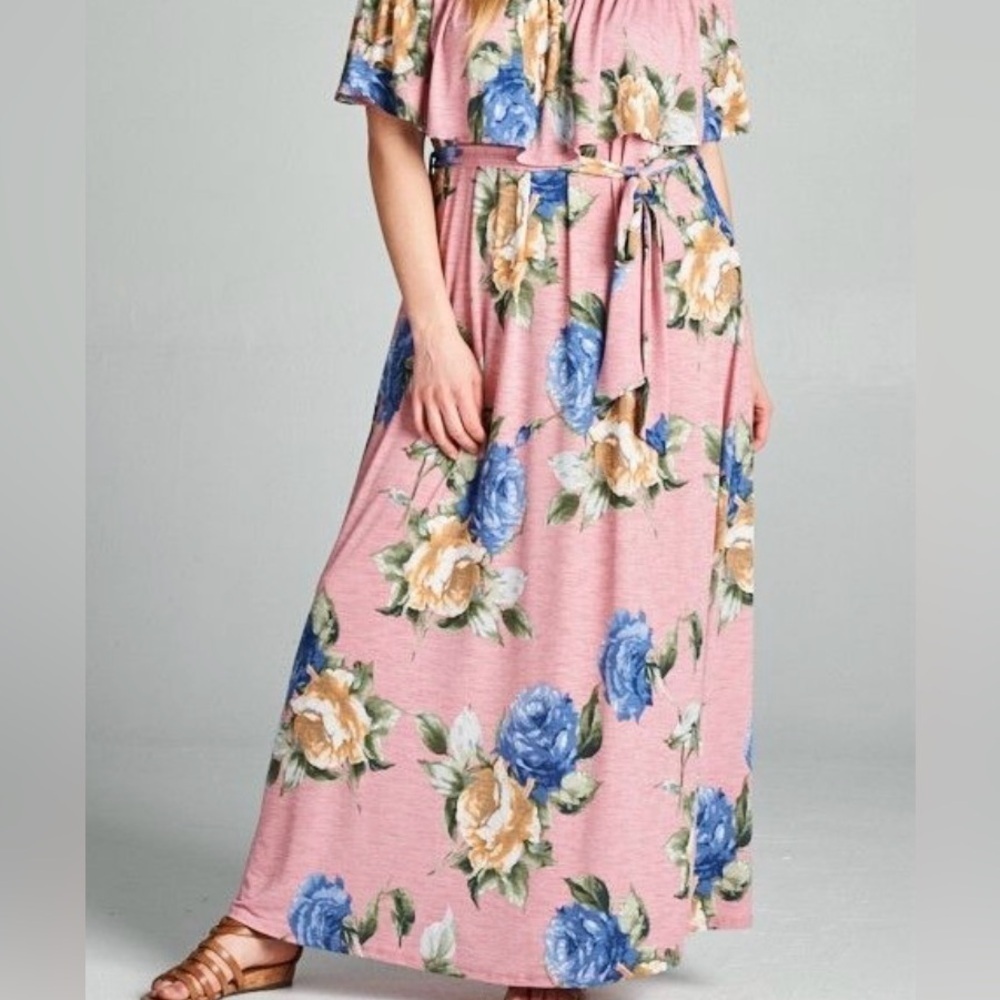 New!Plus Size Floral Off Shoulder Belted Maxi Dress Sizes  1X 2X 3X - Picture 3 of 4